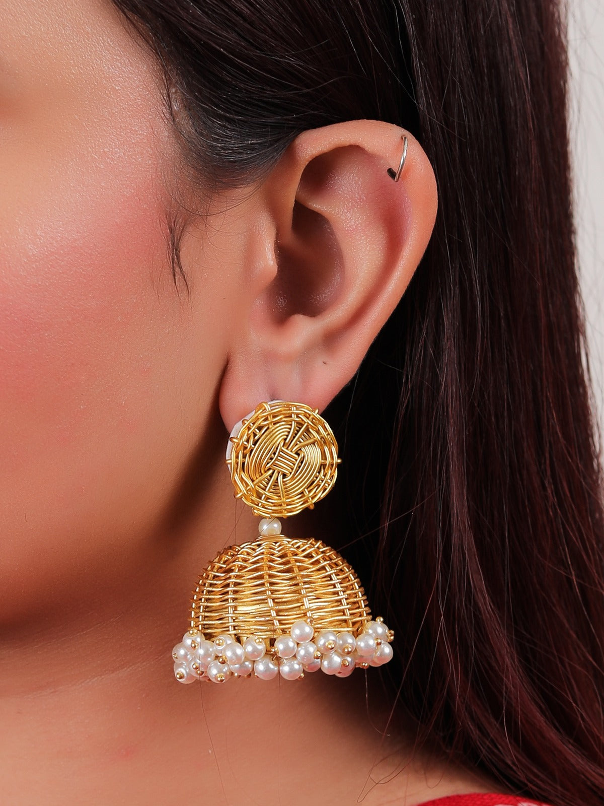Wired Mesh Gold Toned Jhumka Earrings