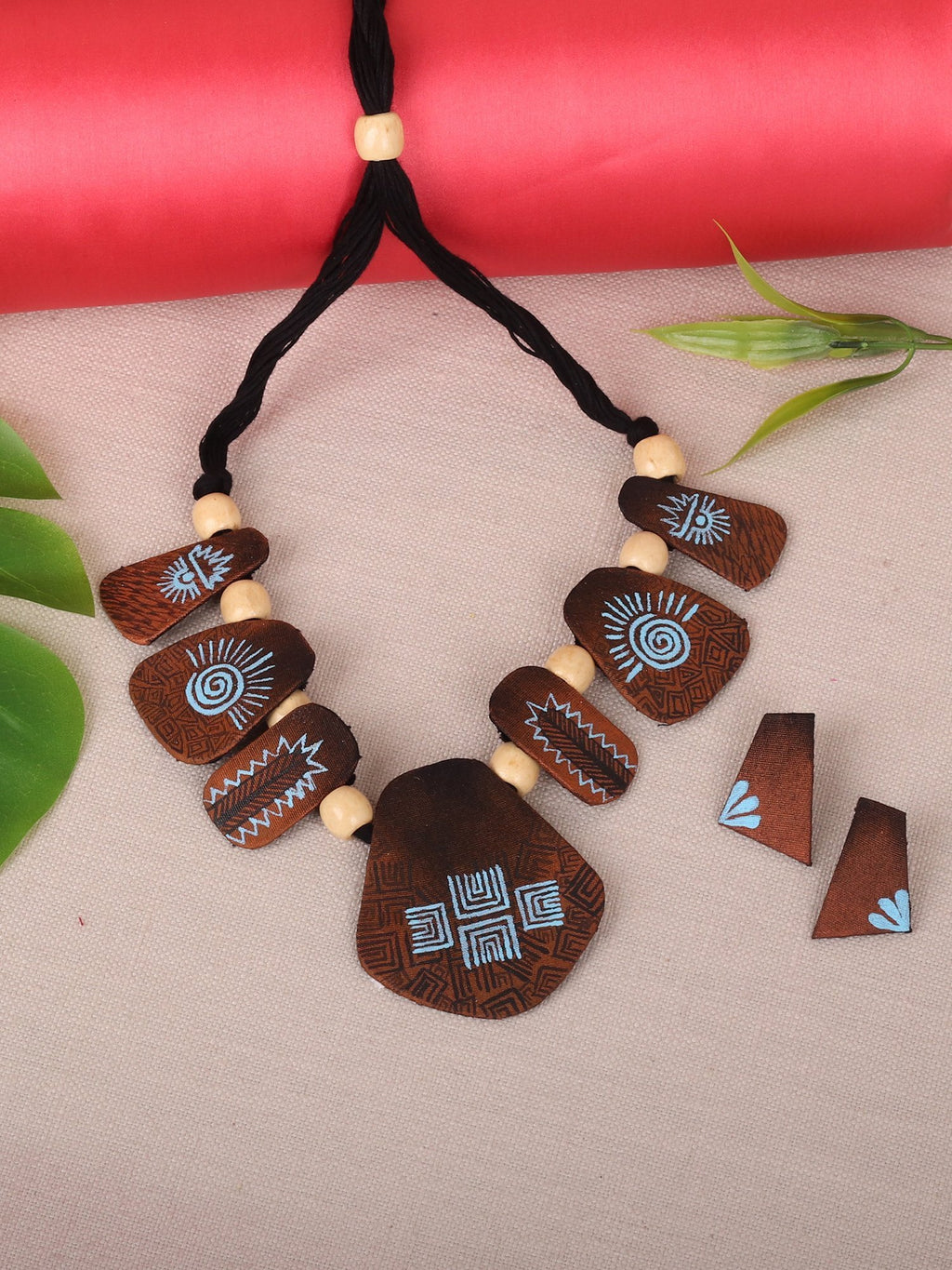 Brown colored Handprinted Terracotta Necklace Set - A Local Tribe