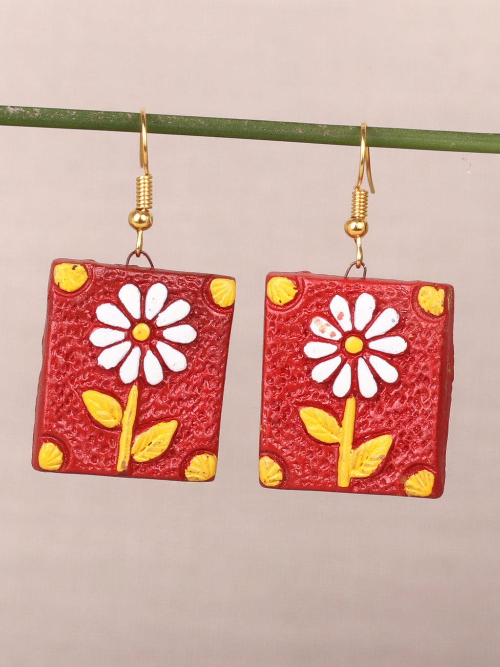 Flower Designed Crimson Red Terracotta Earrings - A Local Tribe