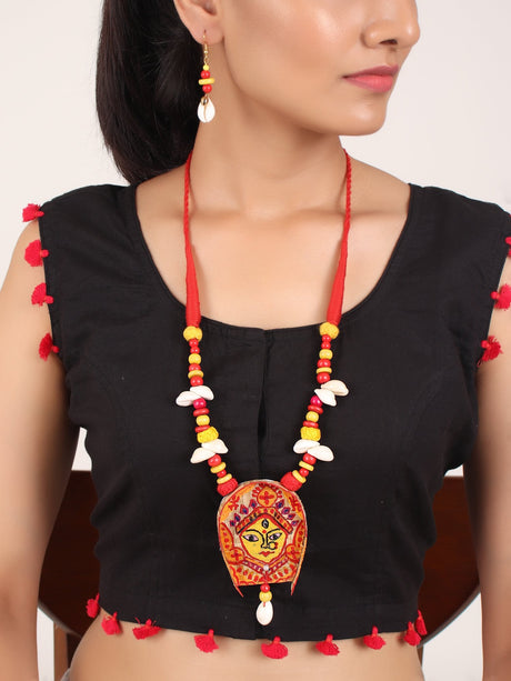 Ma Durga Design Red & Yellow Earrings & Necklace Set - A Local Tribe