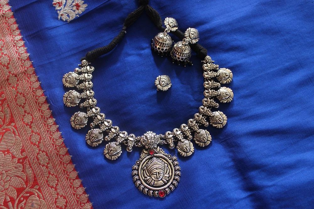 Maa Durga Silver Oxidised Necklace Set with Nosepin - A Local Tribe