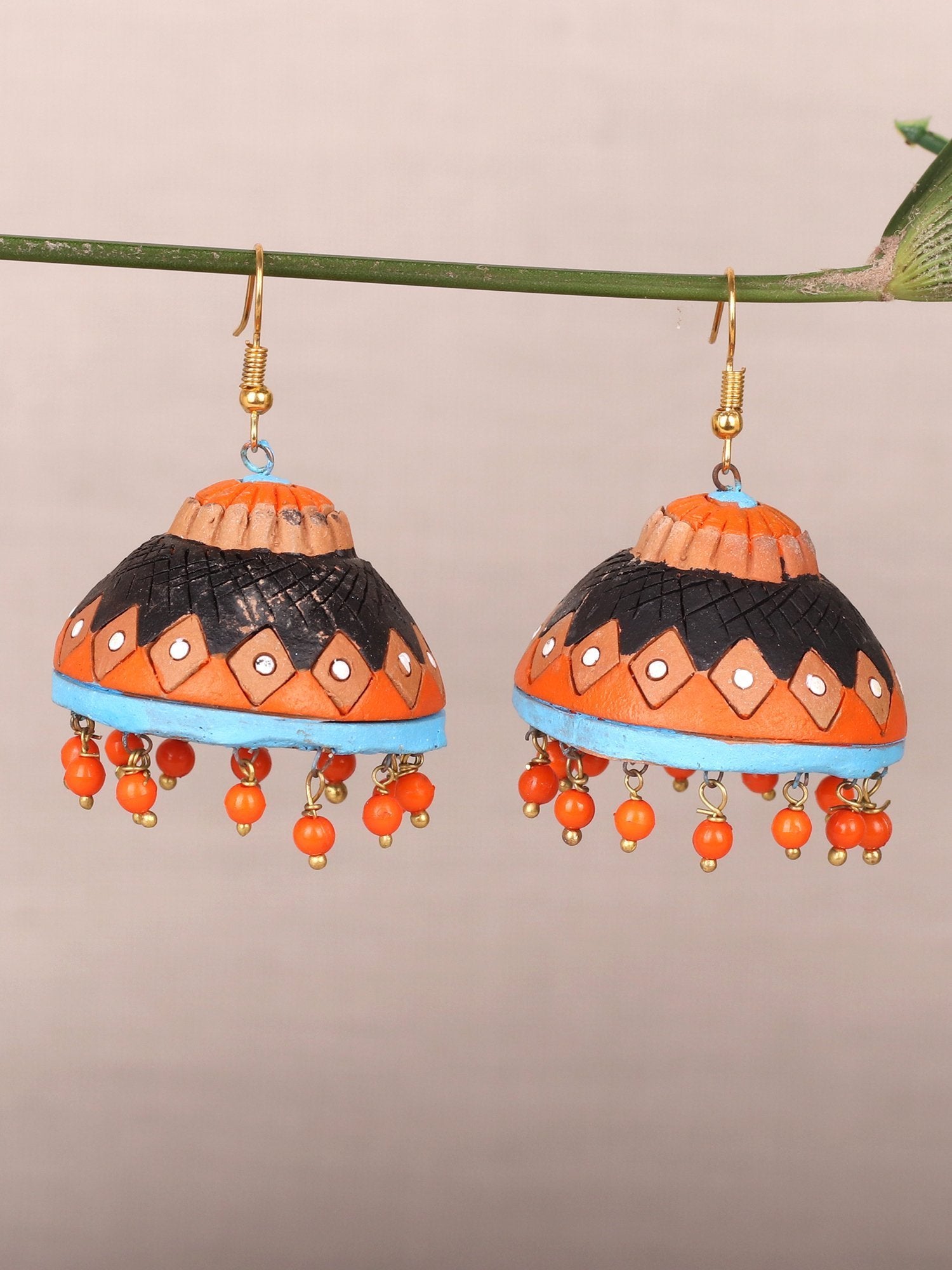 Orange Handpainted Terracotta Jhumka Earrings - A Local Tribe