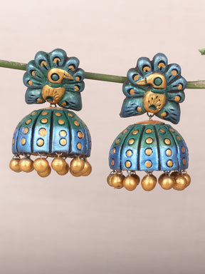 Peacock Shaped Terracotta Clay Jhumki Earrings - A Local Tribe