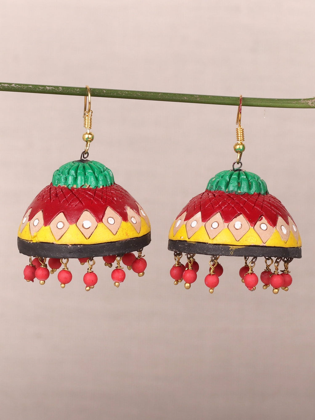 Red and Green Terracotta Clay Jhumka Earrings - A Local Tribe
