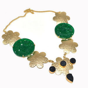 Carving Green Onyx Druzy Gold Plated Necklace