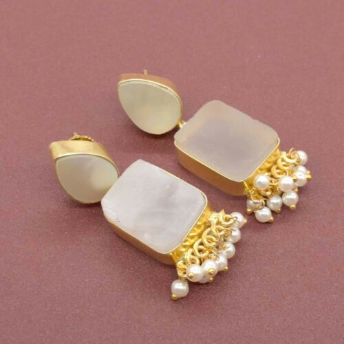 MOP White Quartz Rough Gemstone Gold Plated Earrings