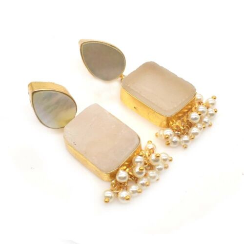 MOP White Quartz Rough Gemstone Gold Plated Earrings