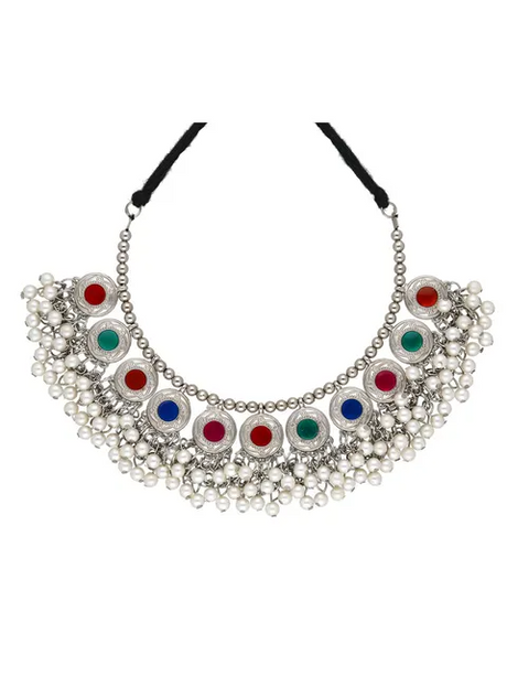 Stamped Coins Multi-Color Glass Embedded Adjustable Length Thread Closure Choker Necklace Set